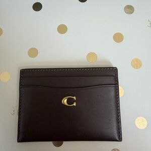 Coach Dark Brown Leather Card Holder with Gold Accent